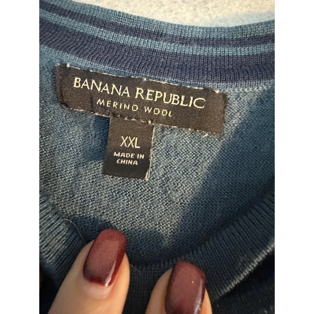 Banana Republic Sweater Mens 2XL Blue Merino Wool Crewneck Knit Pullover Logo